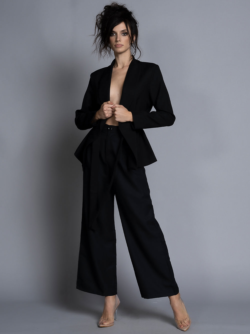 Black Collarless Open Front Blazer Wide Leg Pants Set