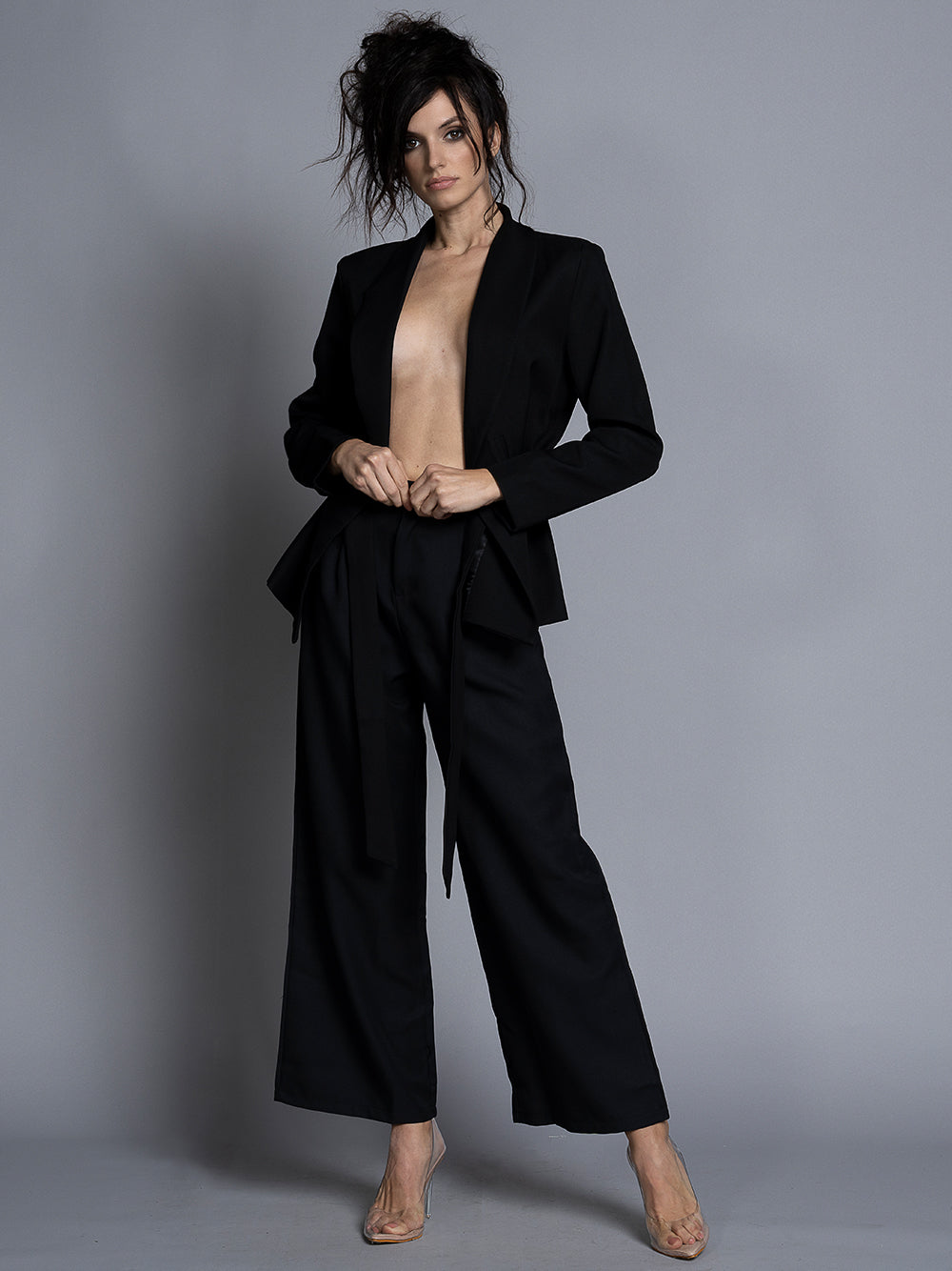 Black Collarless Open Front Blazer Wide Leg Pants Set 5