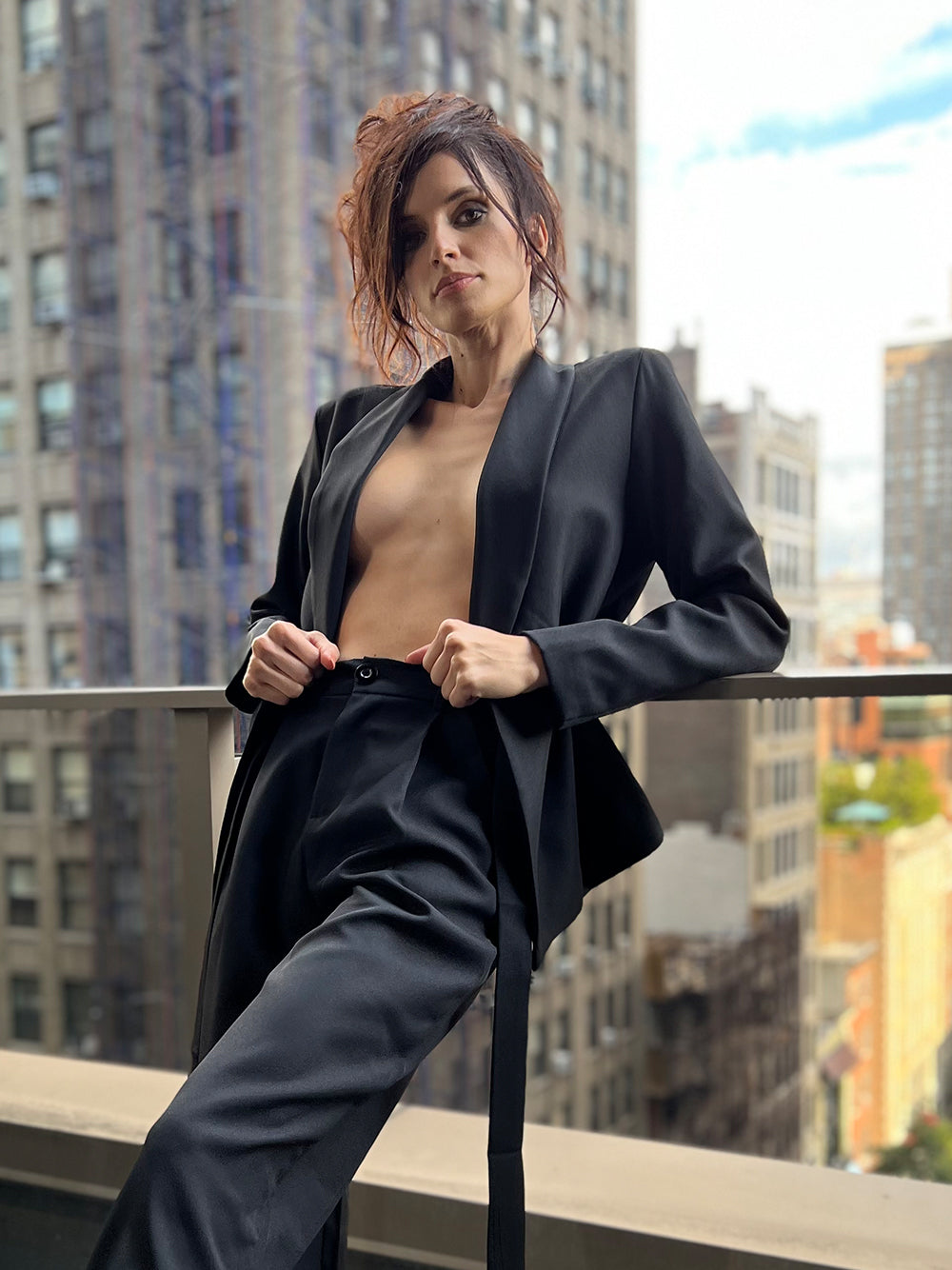 Black Collarless Open Front Blazer Wide Leg Pants Set 6