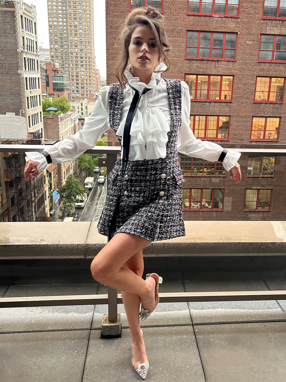 Gray Ruffle Tie Neck Blouse Tweed Pinafore Mini Skirt Set 6