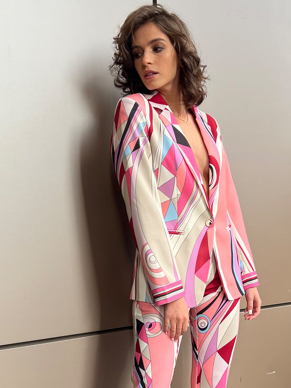 Pink Geometric Abstract Print Blazer and Pants Set 13
