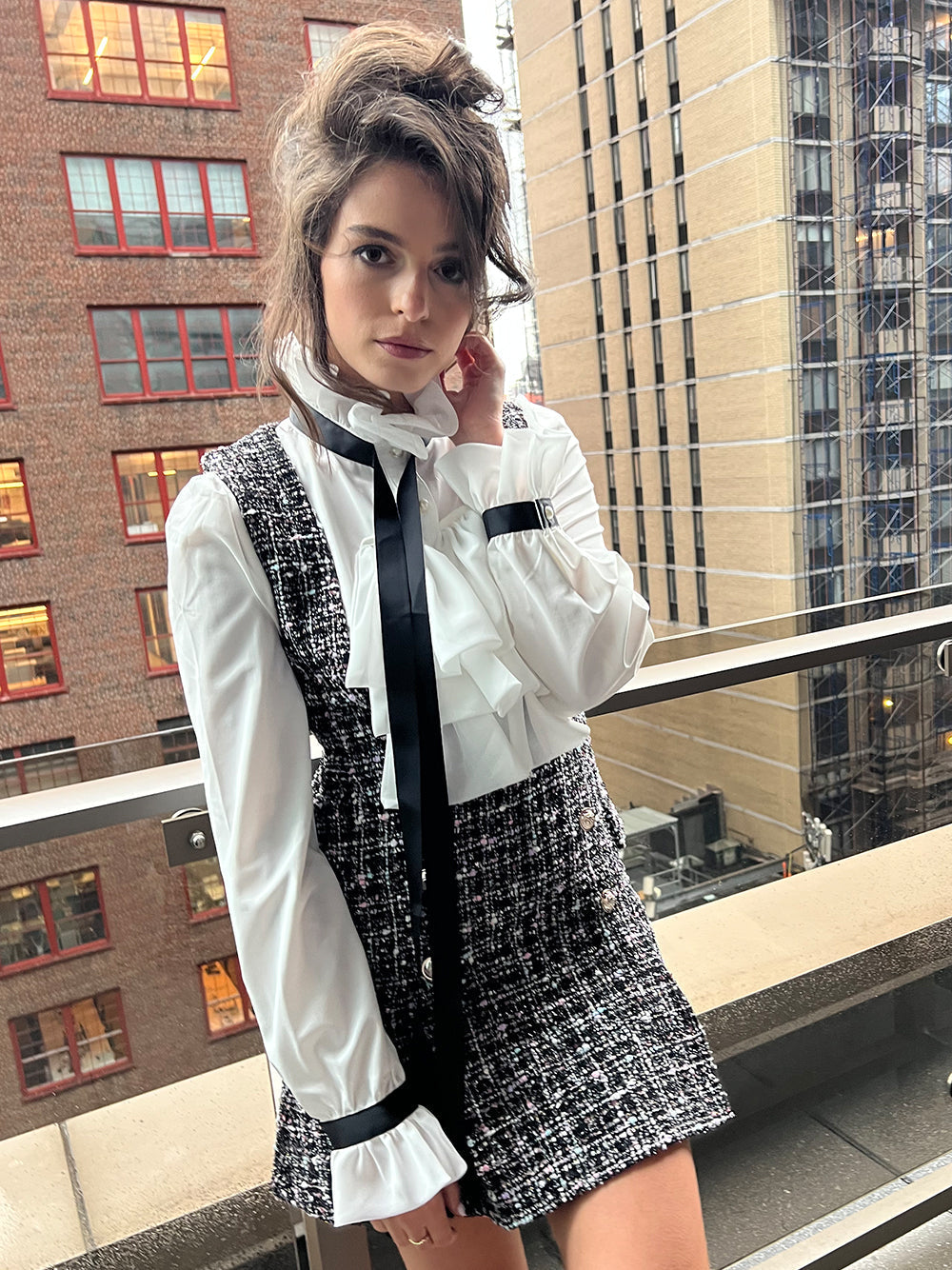 Gray Ruffle Tie Neck Blouse Tweed Pinafore Mini Skirt Set 7