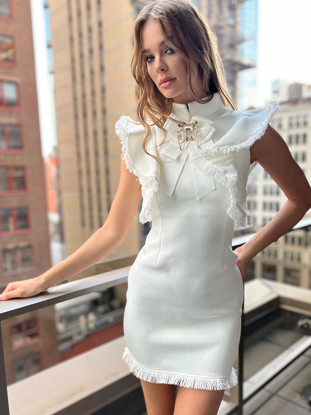 White High Neck Bow Rhinestone Brooch Frayed Ruffle Bodycon Mini Dress 8