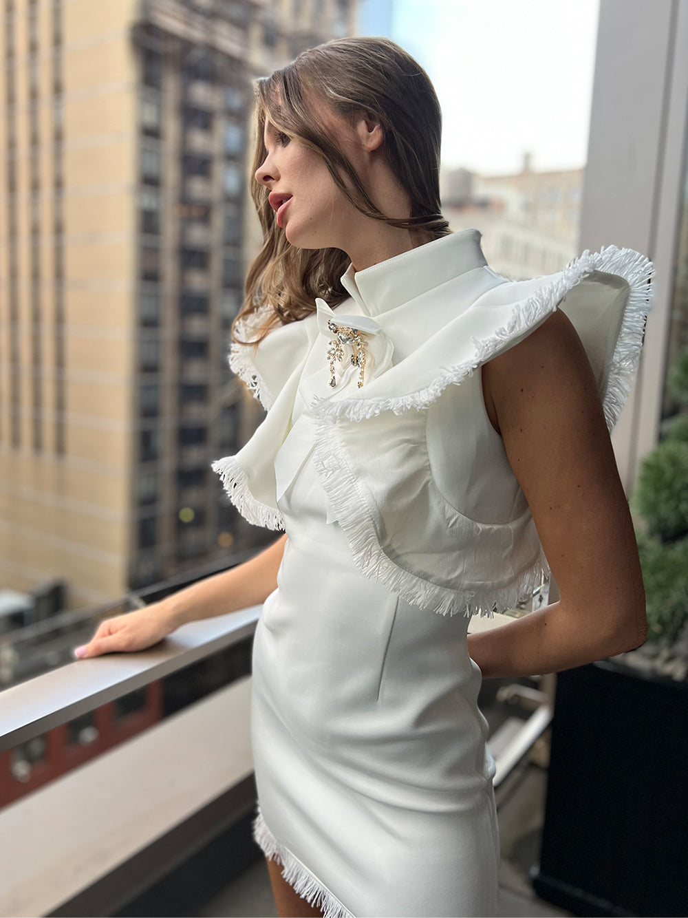 White High Neck Bow Rhinestone Brooch Frayed Ruffle Bodycon Mini Dress 13