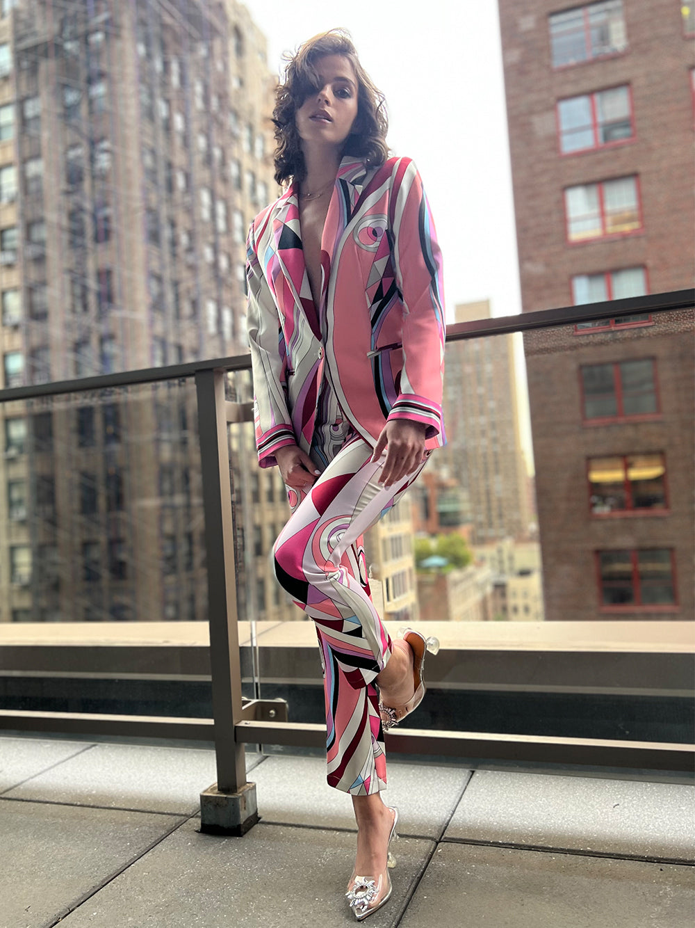 Pink Geometric Abstract Print Blazer and Pants Set 9