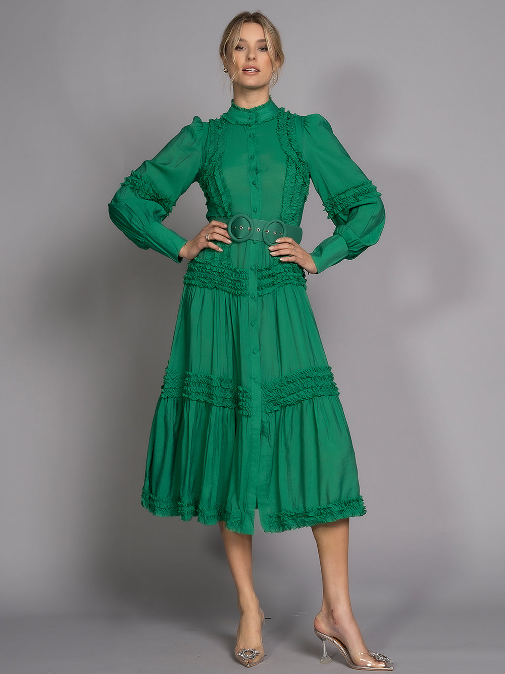 Green Mock Neck Button Front Ruffle Trim Belted Tiered Maxi Dress