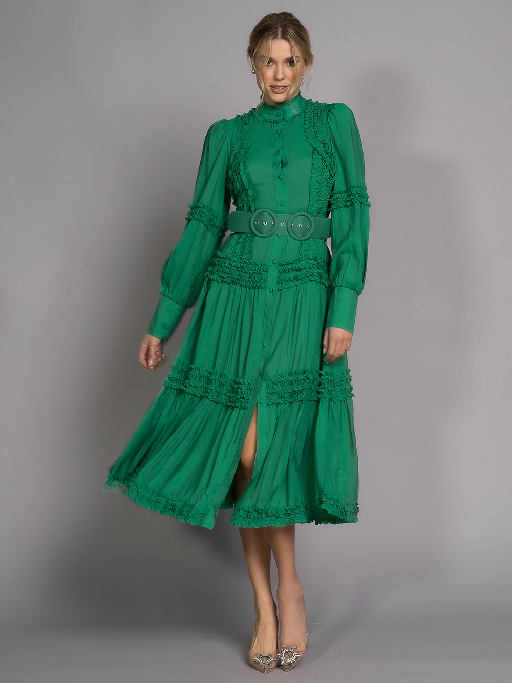 Green Mock Neck Button Front Ruffle Trim Belted Tiered Maxi Dress