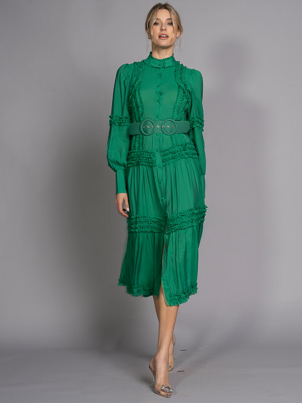 Green Mock Neck Button Front Ruffle Trim Belted Tiered Maxi Dress