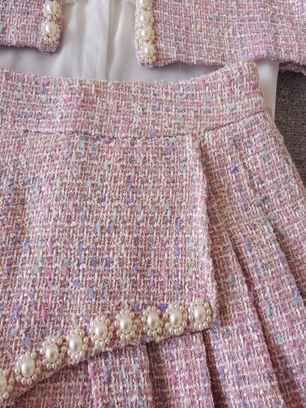 Pink Pearl Trim Tweed Jacket And Pleated Skirt Set