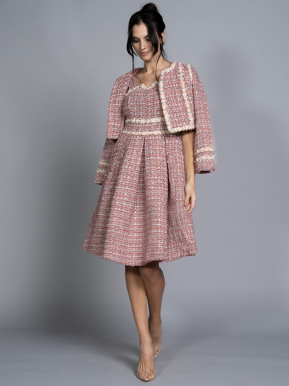 Pink Pearl Trim Tweed Jacket Slip Dress Set
