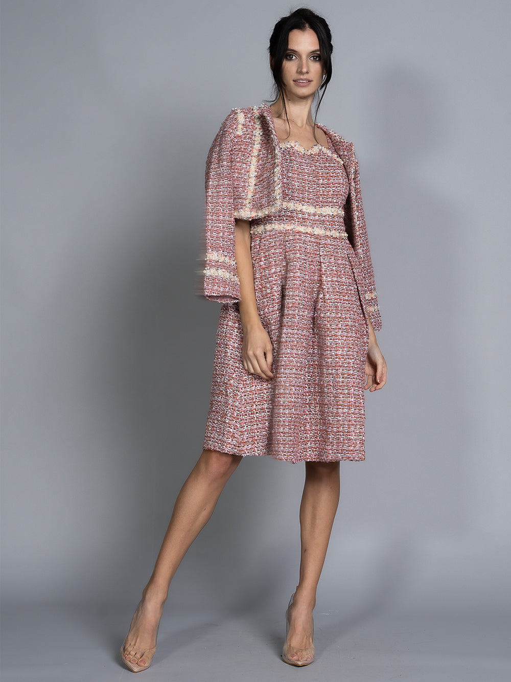 Pink Pearl Trim Tweed Jacket Slip Dress Set