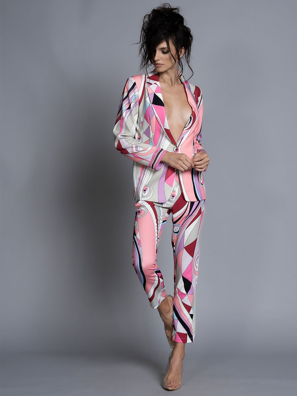 Pink Geometric Abstract Print Blazer and Pants Set 3