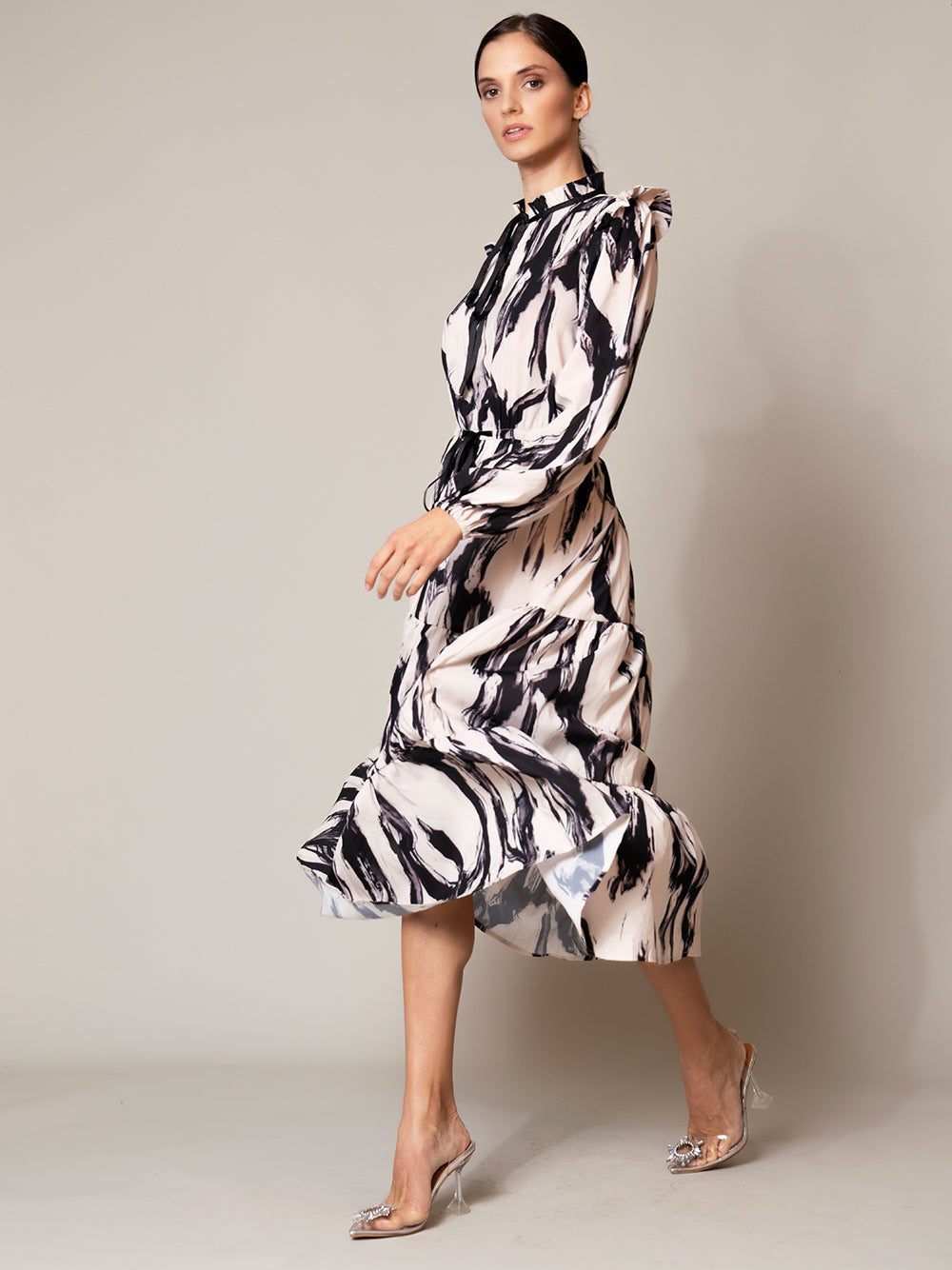 B&w Ruffle High Neck Puff Sleeve Abstract Print Tiered Midi Dress
