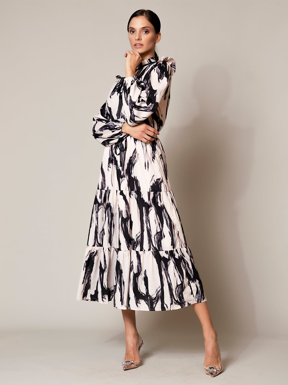 B&w Ruffle High Neck Puff Sleeve Abstract Print Tiered Midi Dress
