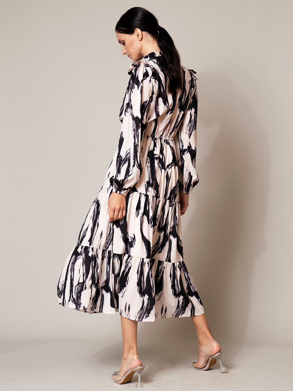 B&w Ruffle High Neck Puff Sleeve Abstract Print Tiered Midi Dress