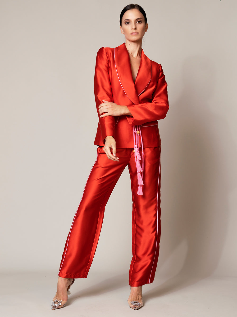 Red Satin Shawl Collar Piped Blazer And Pants Set 4