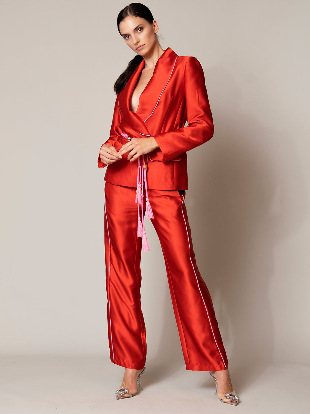 Red Satin Shawl Collar Piped Blazer And Pants Set 2