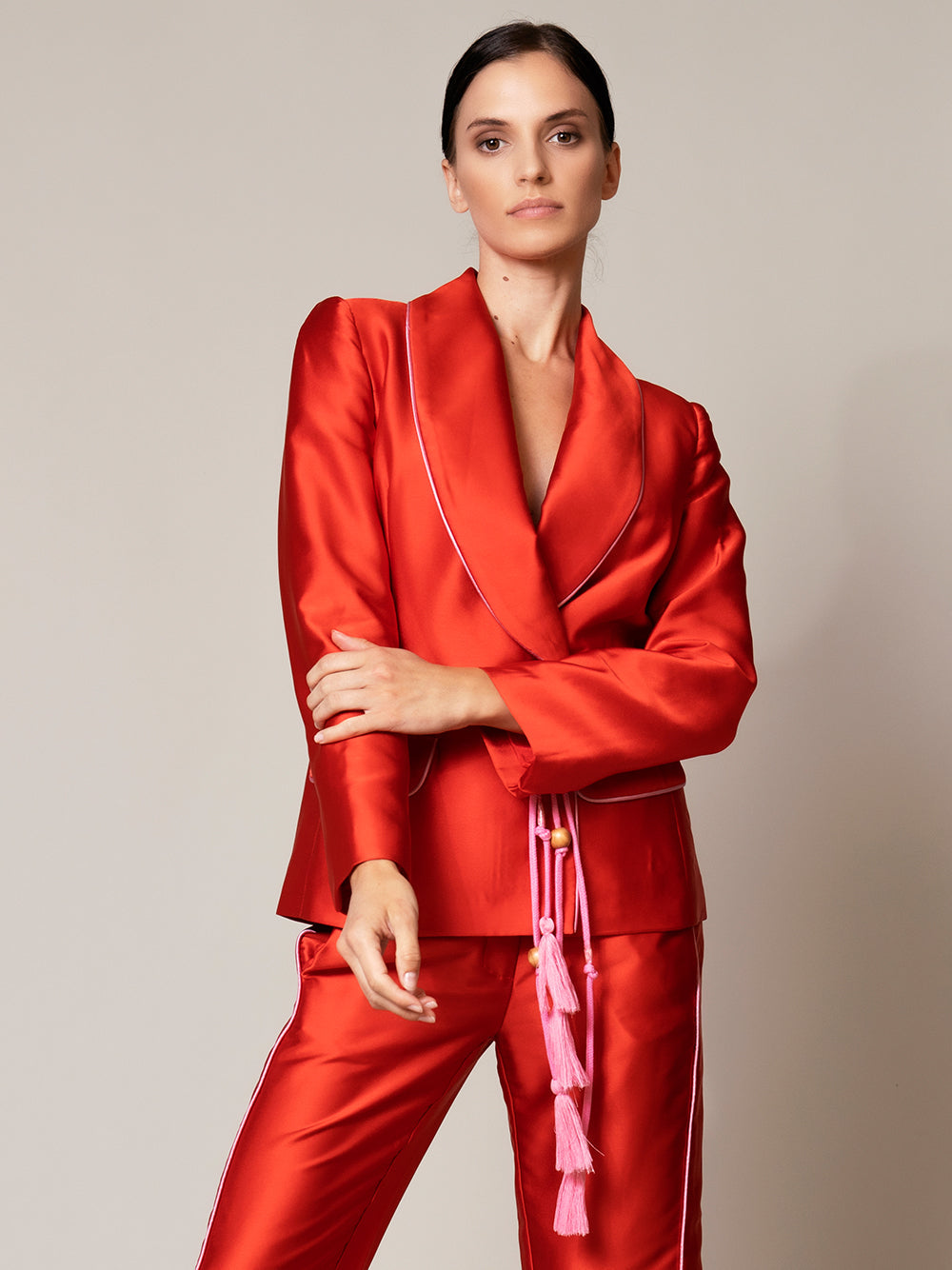 Red Satin Shawl Collar Piped Blazer And Pants Set 5