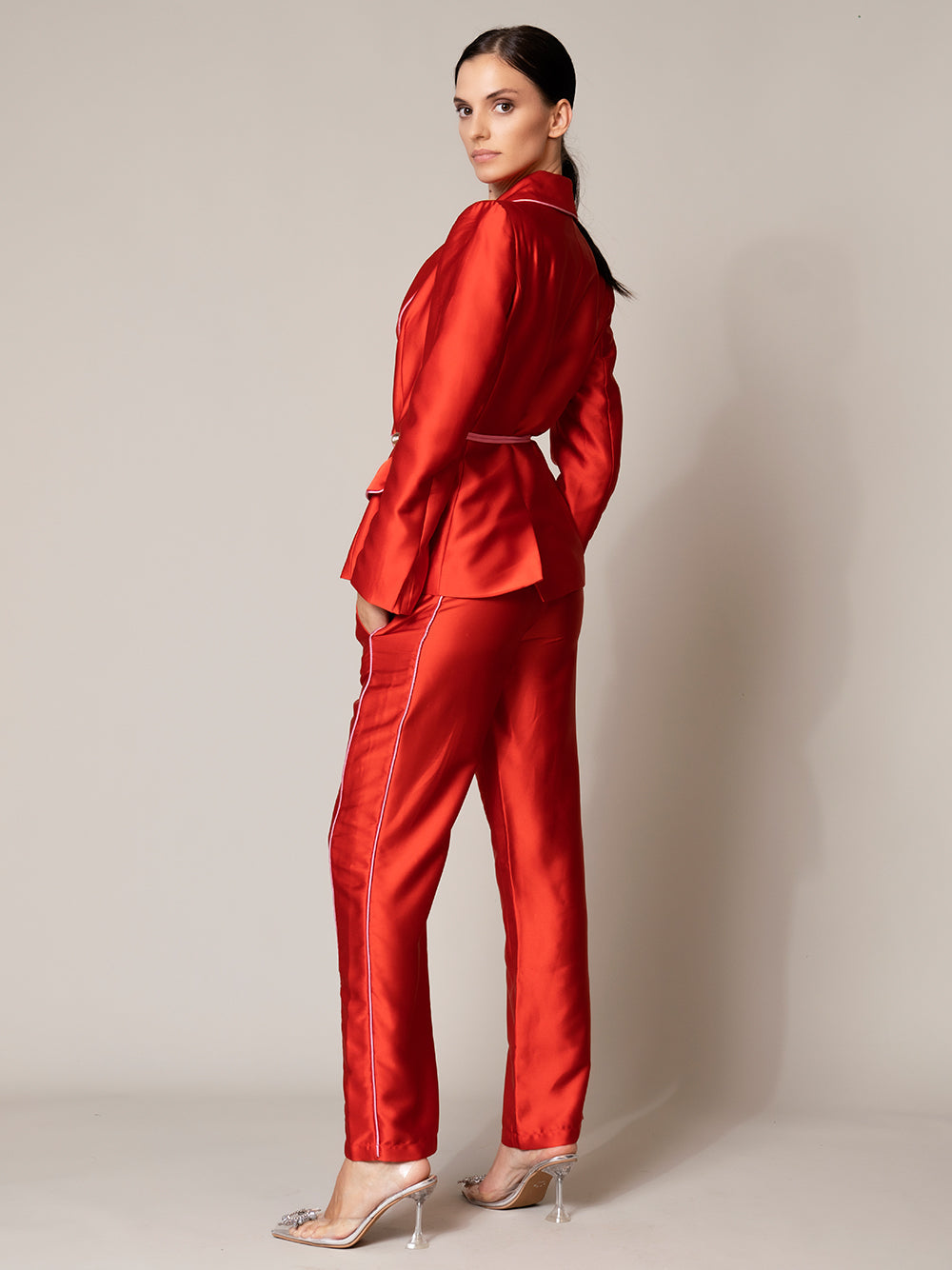 Red Satin Shawl Collar Piped Blazer And Pants Set 3