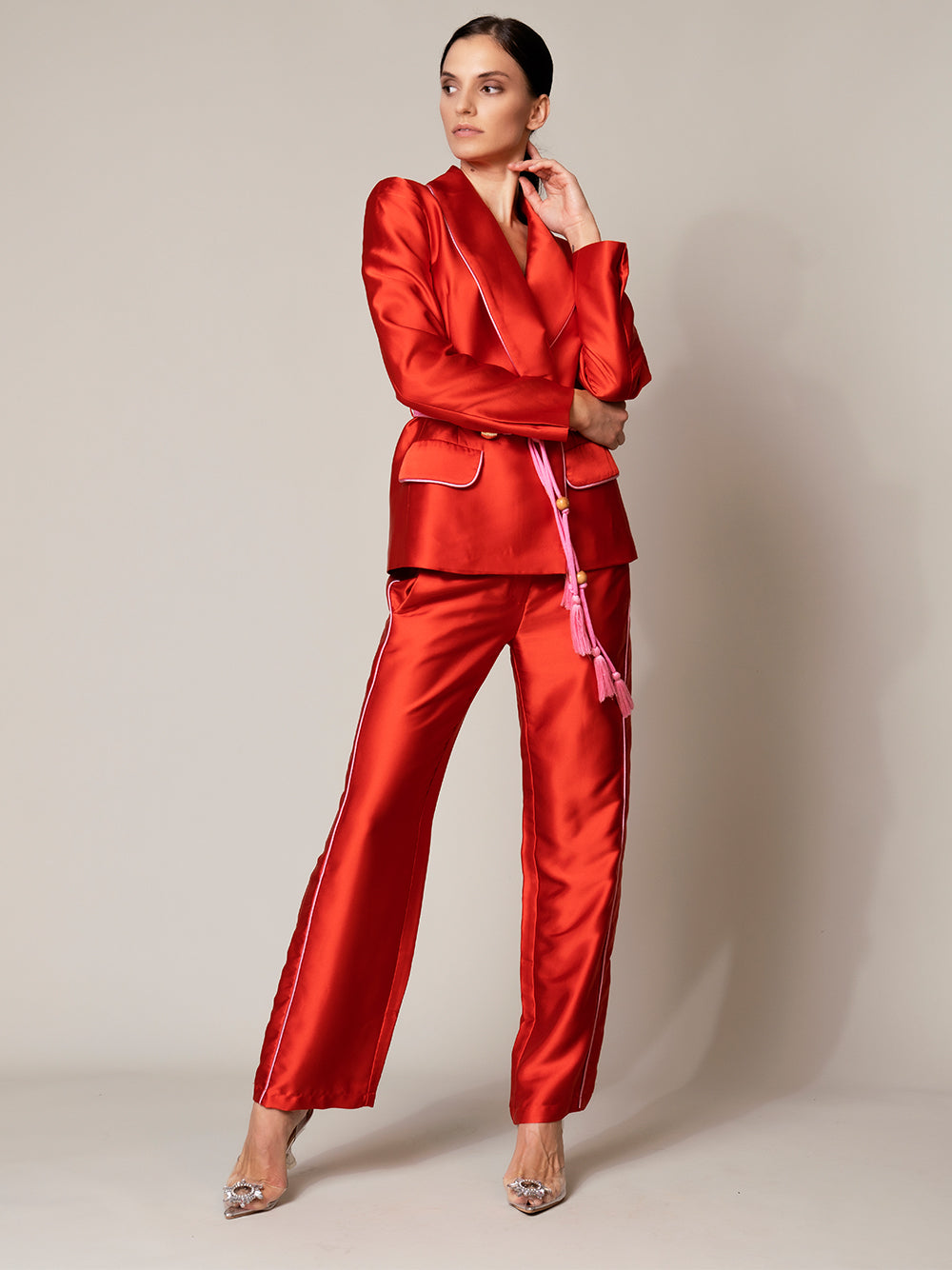 Red Satin Shawl Collar Piped Blazer And Pants Set