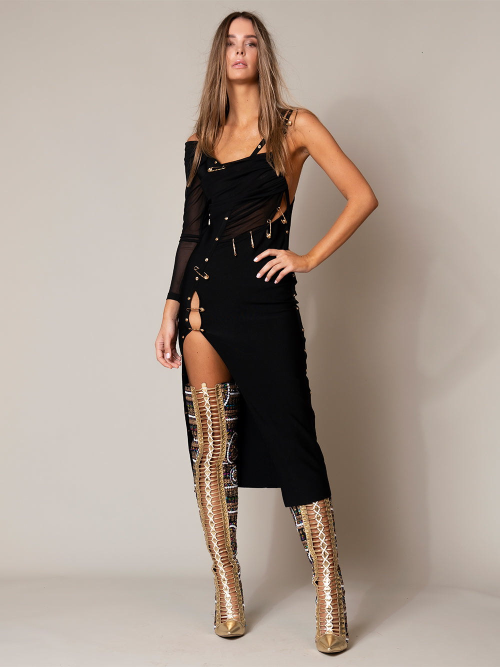 Black One Shoulder Long Sleeve Safety Pin High Slit Bodycon Midi Dress 3