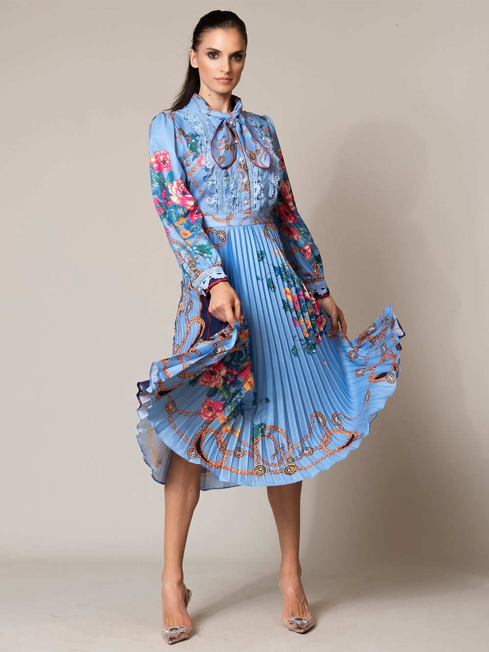 Blue Tie Neck Pearl Bib Floral Chain Print Pleated Midi Dress 4