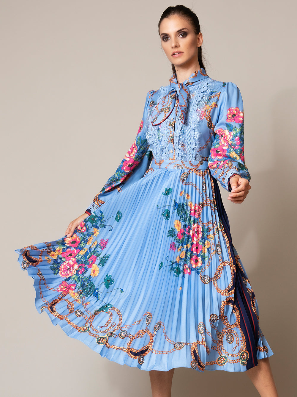 Collared Lace Trim Floral Baroque Print Long Sleeve Pleated Midi Dress 3