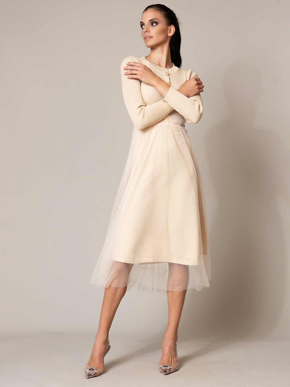 Beige Round Neck Long Sleeve Ribbed Knit Tulle Overlay A-Line Midi Dress