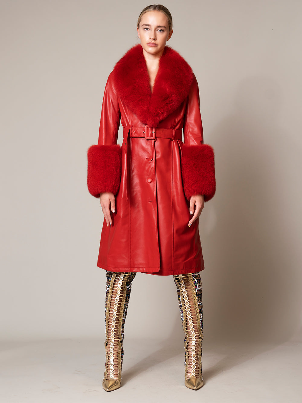 Red Faux Fur Collar Belted Leather Longline Coat 2