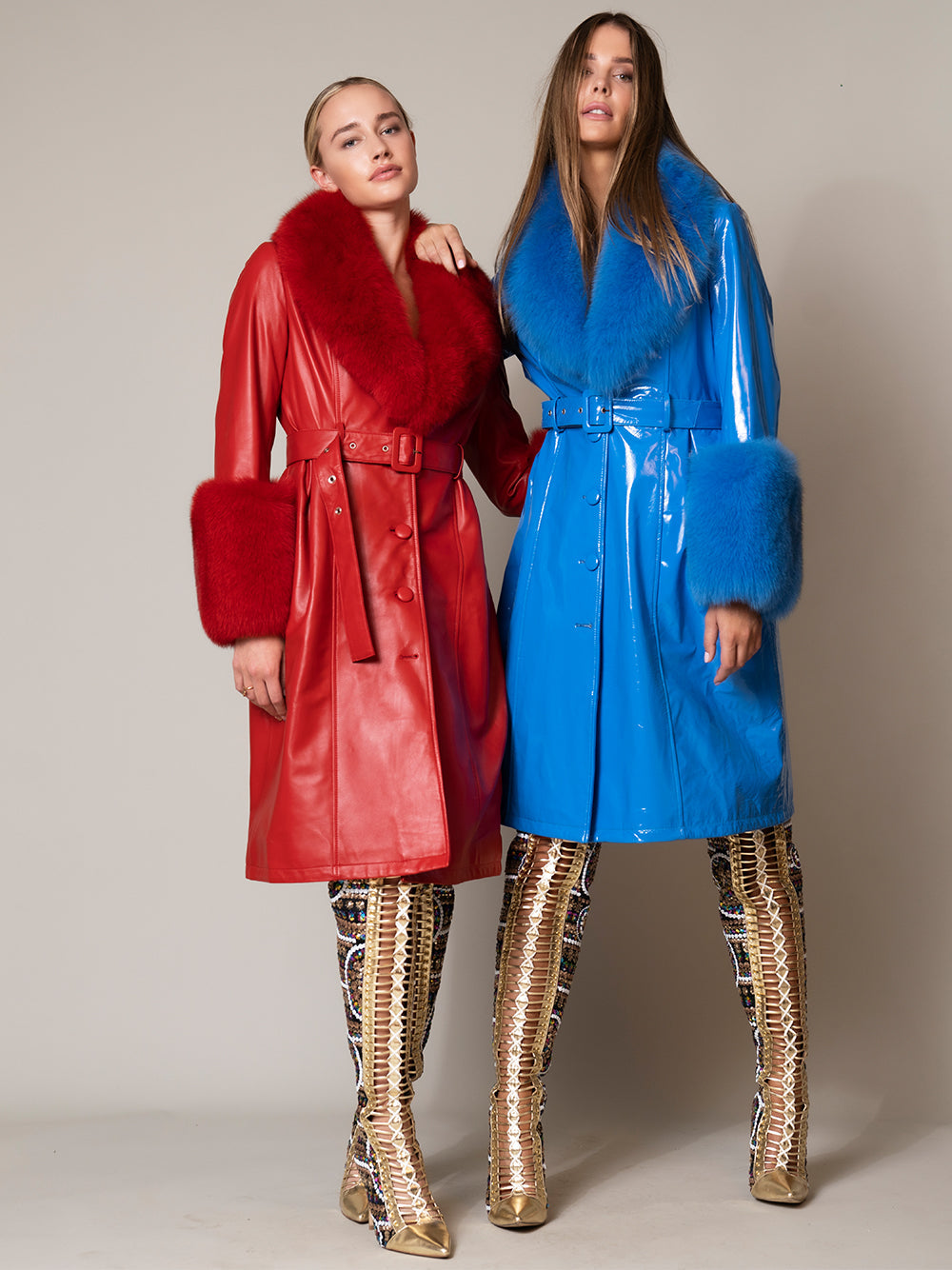 Red Faux Fur Collar Belted Leather Longline Coat 5