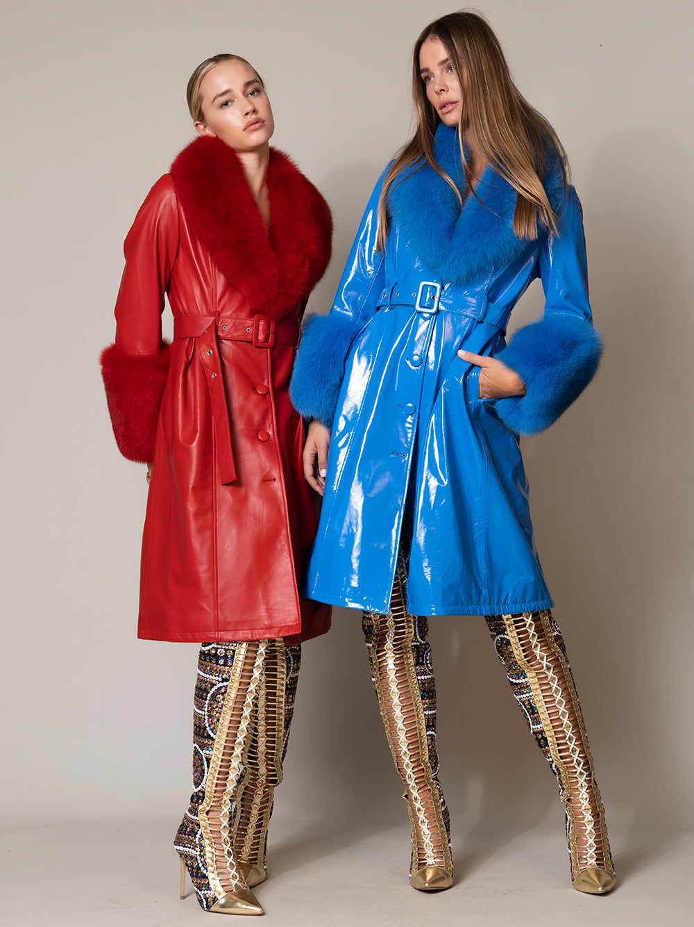 Red Faux Fur Collar Belted Leather Longline Coat 4