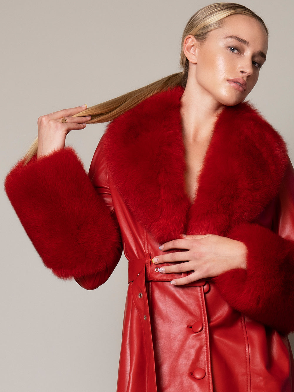 Red Faux Fur Collar Belted Leather Longline Coat 3