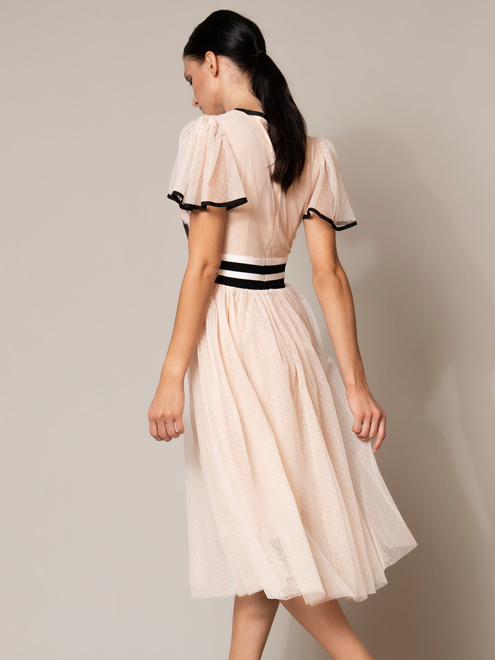 Apricot Round Neck Flutter Sleeve Floral Sequin Tulle A-Line Midi Dress
