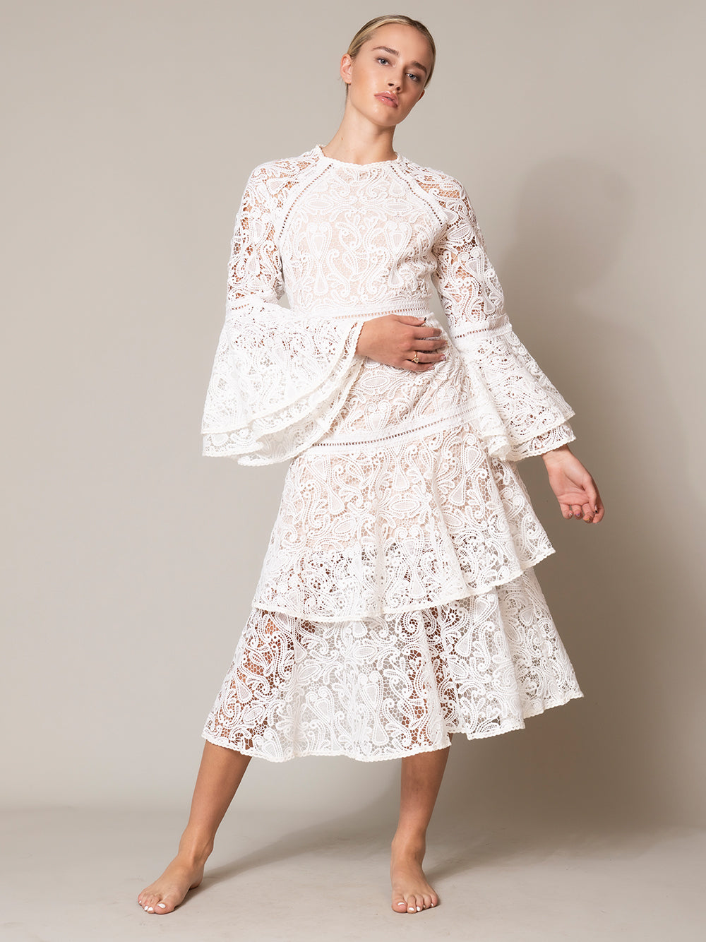 White Round Neck Bell Sleeve Crochet Lace Tiered A-Line Midi Dress