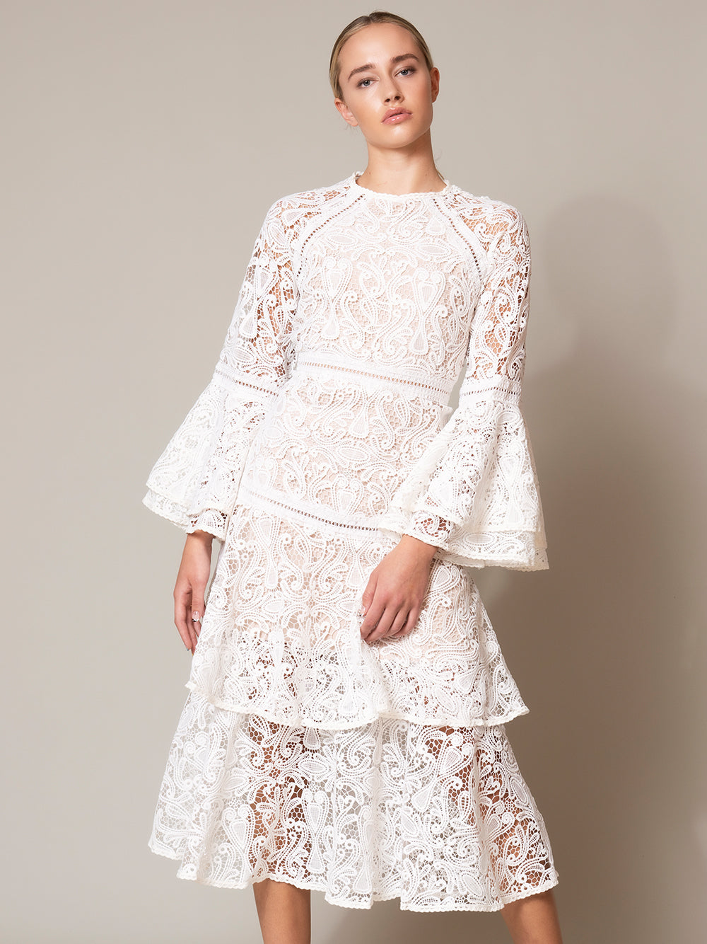 White Round Neck Bell Sleeve Crochet Lace Tiered A-Line Midi Dress