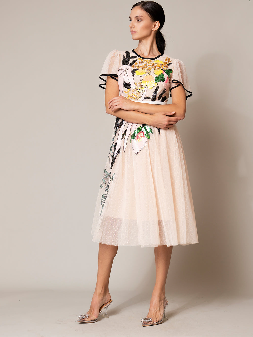Apricot Round Neck Flutter Sleeve Floral Sequin Tulle A-Line Midi Dress