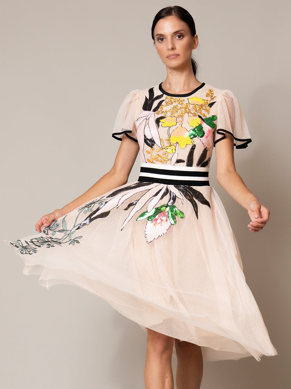 Apricot Round Neck Flutter Sleeve Floral Sequin Tulle A-Line Midi Dress
