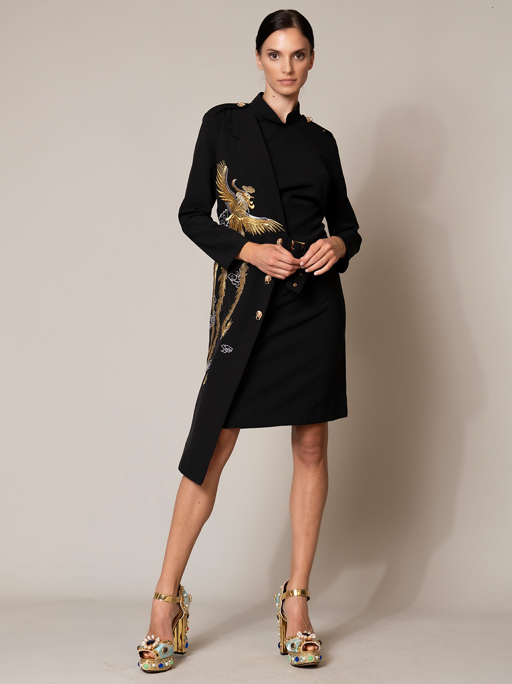 Black Lapel Collar Phoenix Embroidered Belted Long Sleeve Blazer Midi Dress 3
