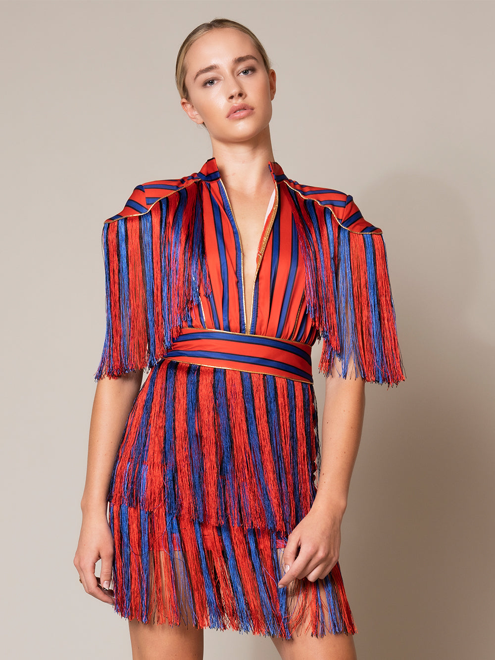Red Collared V-Neck Striped Fringe Tassel Short Sleeve Mini Dress