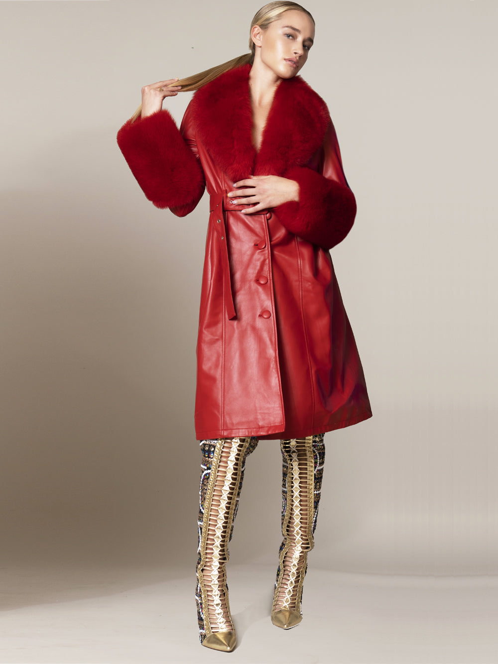 Red Faux Fur Collar Belted Leather Longline Coat