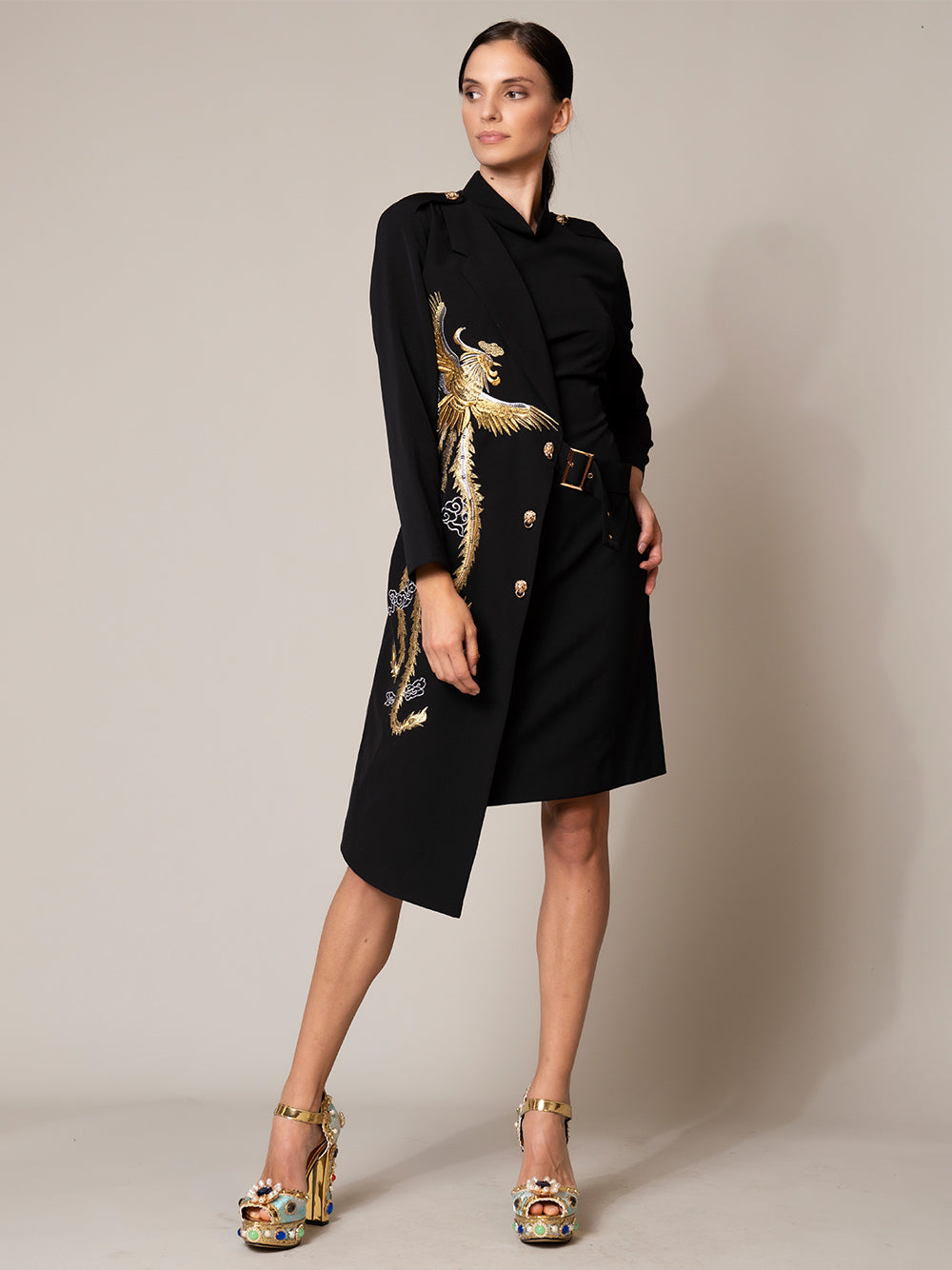 Black Lapel Collar Phoenix Embroidered Belted Long Sleeve Blazer Midi Dress