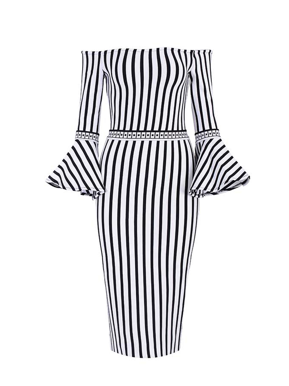 B&w Off-Shoulder Striped Bell Sleeve Tiered Ruffle Bodycon Mini Dress 13