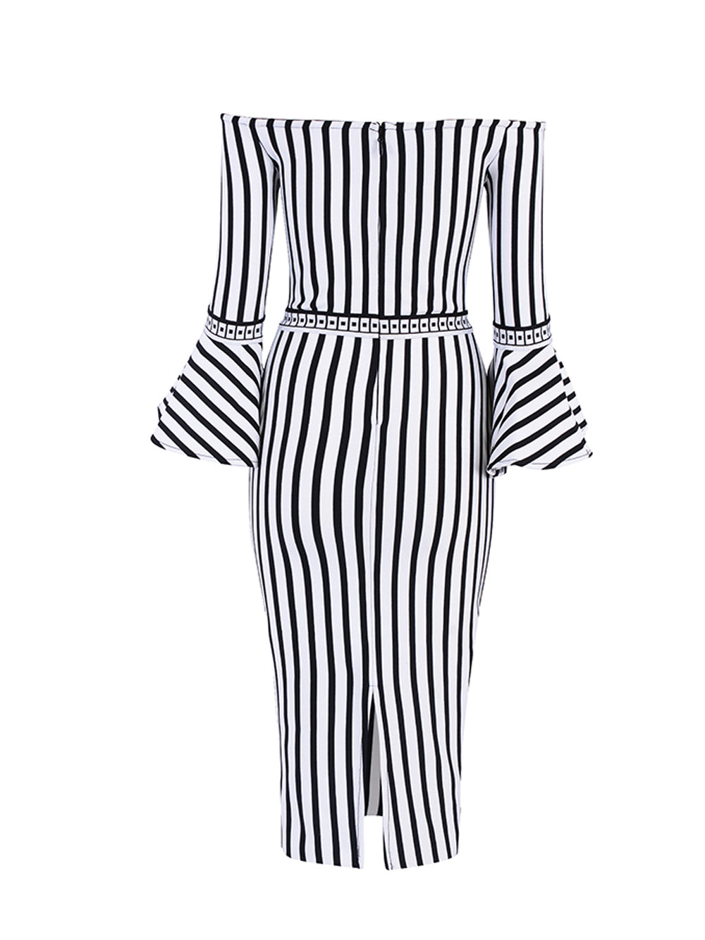 B&w Off-Shoulder Striped Bell Sleeve Tiered Ruffle Bodycon Mini Dress 15