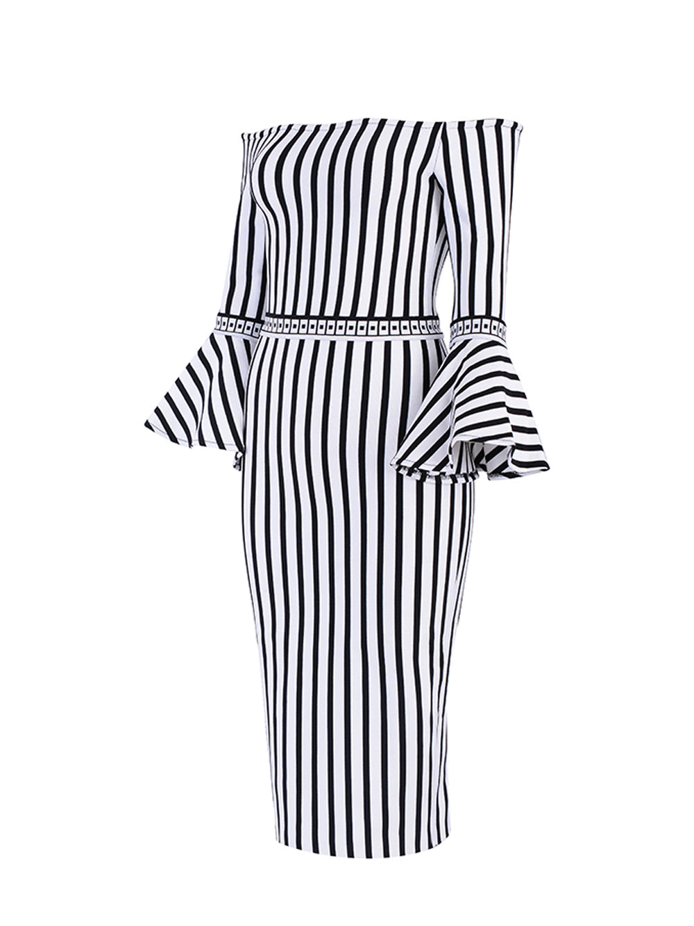 B&w Off-Shoulder Striped Bell Sleeve Tiered Ruffle Bodycon Mini Dress 14