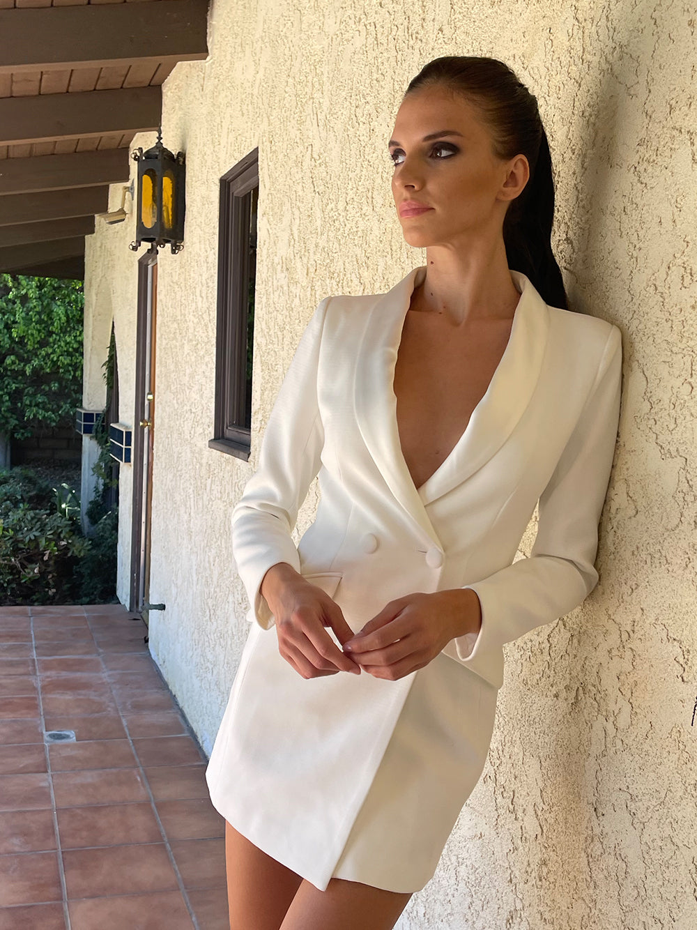 White Shawl Collar Double Breasted Long Sleeve Blazer Mini Dress 10