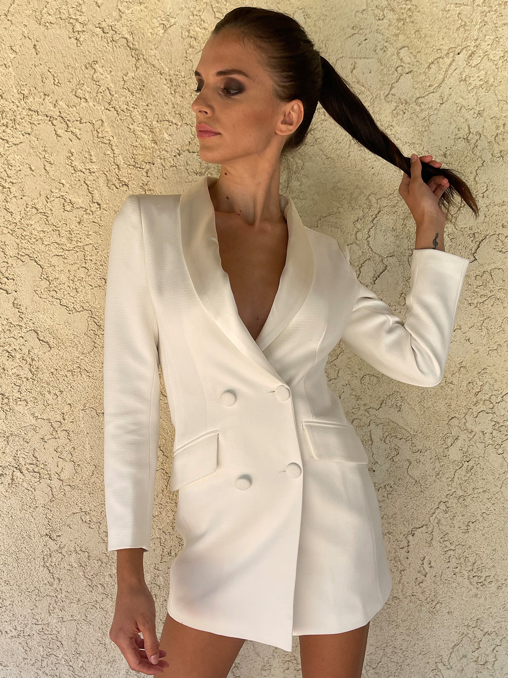 White Shawl Collar Double Breasted Long Sleeve Blazer Mini Dress 12