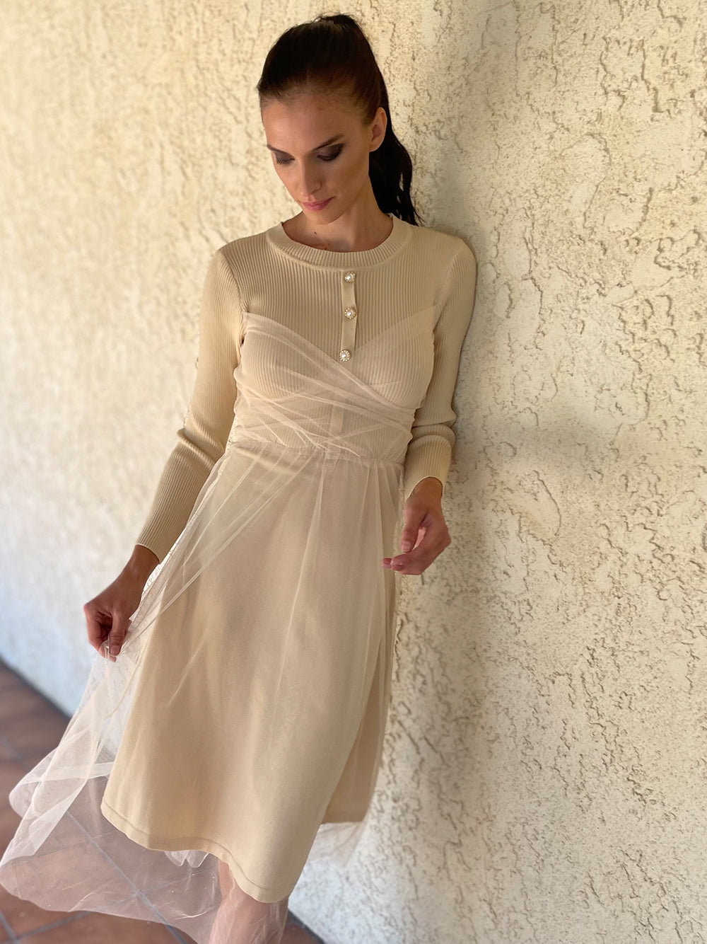 Beige Round Neck Long Sleeve Ribbed Knit Tulle Overlay A-Line Midi Dress
