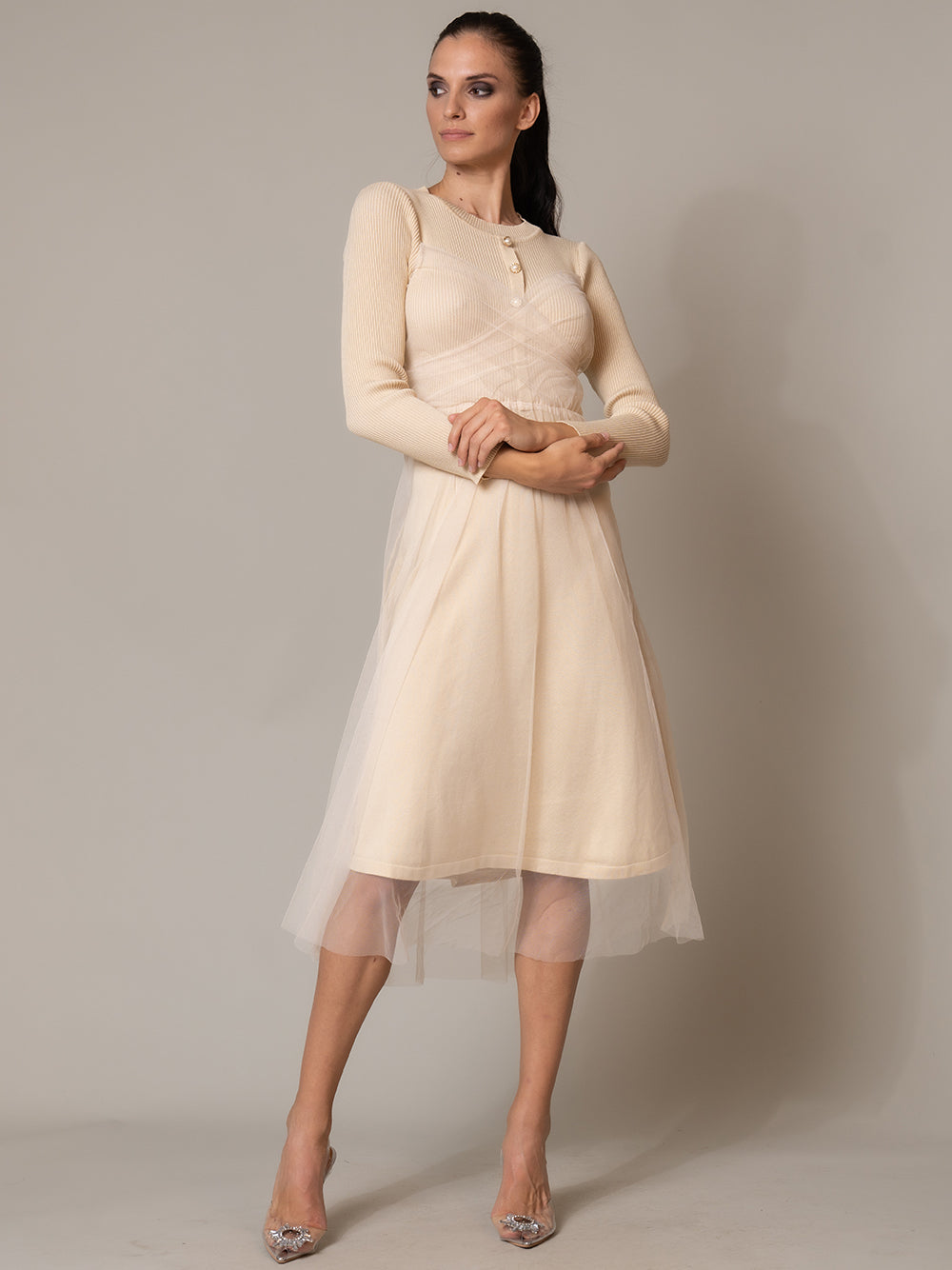 Beige Round Neck Long Sleeve Ribbed Knit Tulle Overlay A-Line Midi Dress