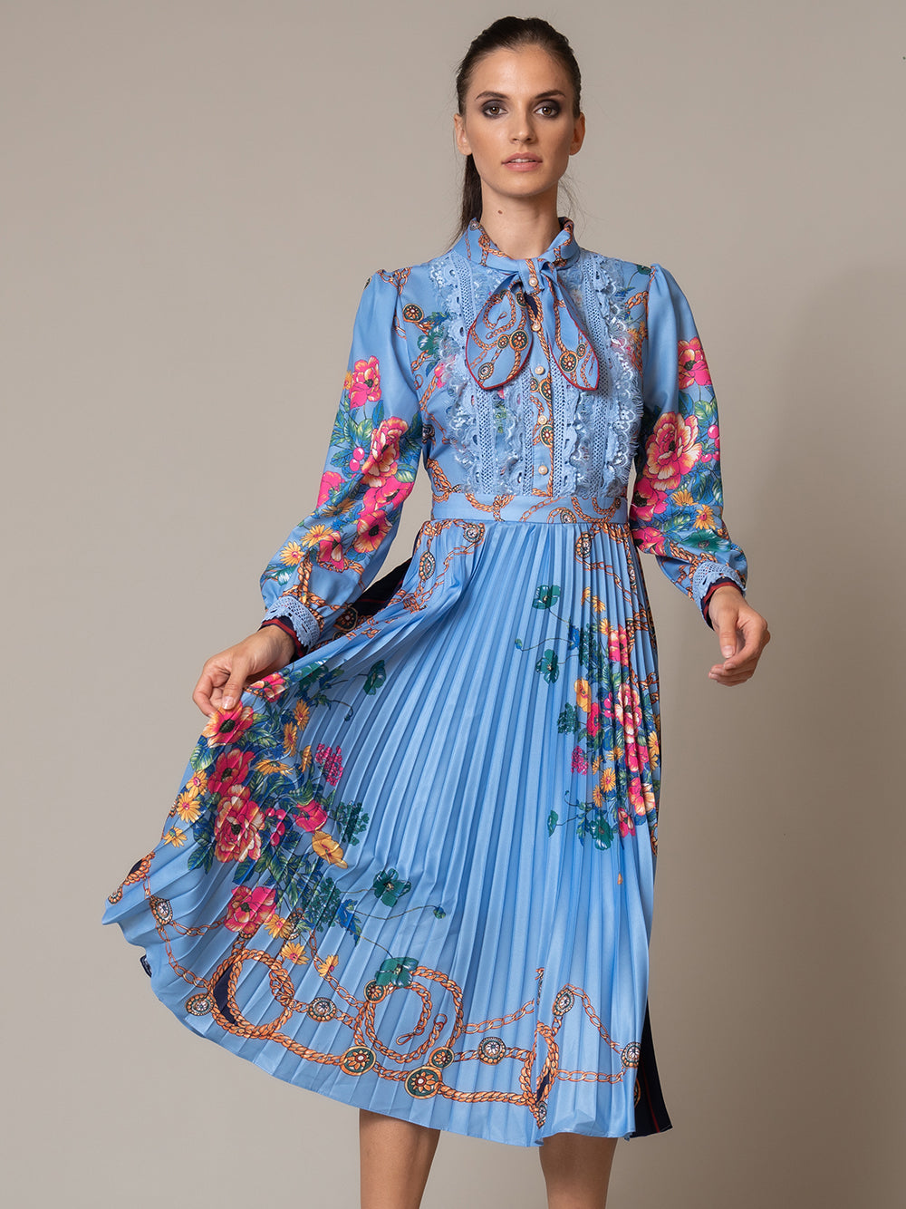 Blue Tie Neck Pearl Bib Floral Chain Print Pleated Midi Dress 7