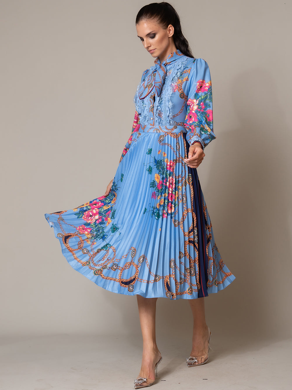 Blue Tie Neck Pearl Bib Floral Chain Print Pleated Midi Dress 3
